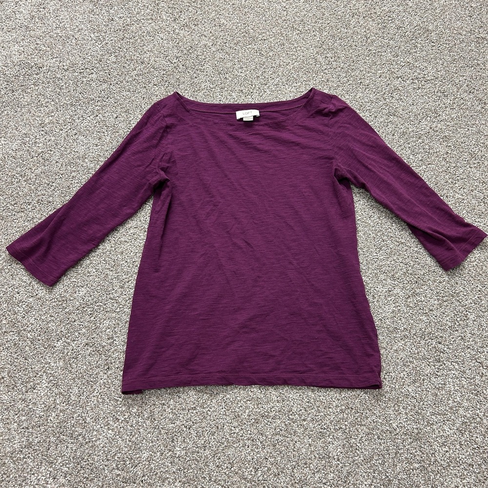 LOFT Shirt Womens M Purple Boat Neck 3/4 Sleeve Jersey Knit Tee Top Casual